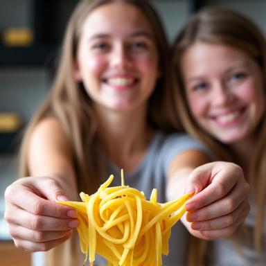 Studenti sorridenti mostrano le tagliatelle che hanno appena preparato.