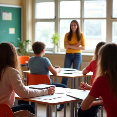 Un'aula luminosa con studenti che interagiscono durante una lezione di italiano.