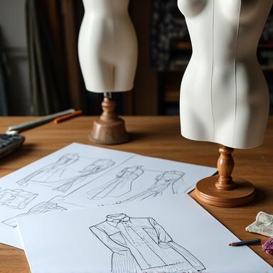Un manichino da sarto e bozzetti di moda su un tavolo da lavoro.
