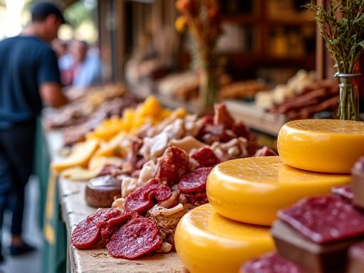 Un banco di formaggi e salumi tipici in un mercato storico di Bologna.