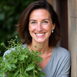 Ritratto di Elena Ferri mentre tiene in mano un mazzo di erbe fresche.