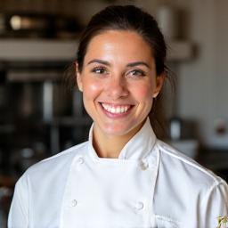 Ritratto sorridente della chef Giulia Rossi con la sua uniforme da cuoco.